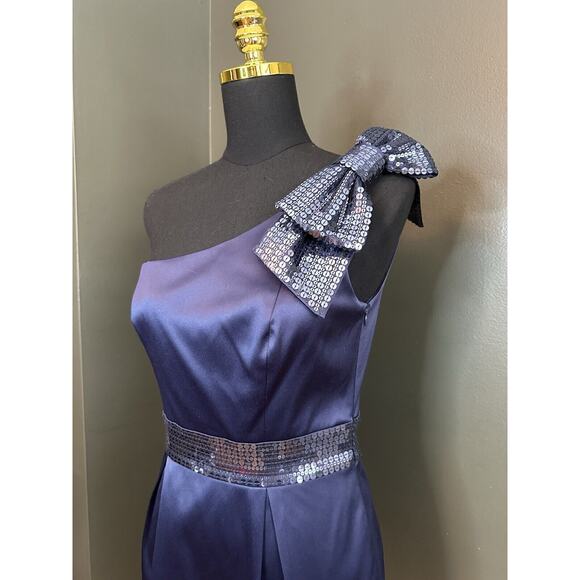 Laundry Shelli Segal Blue Sequin Bow One Shoulder Cocktail Party Dress Holiday 6 - Picture 5 of 9